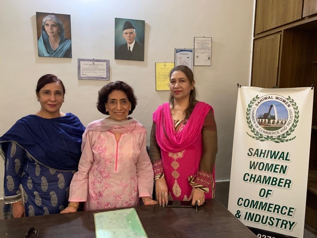 The Newly Elected Office Bearers, President  Mrs. Shaad Masood with SVP Mrs. Saima Mubashir and VP Mrs. Taiba Amer of SWCCI and all newly elected Executive Body Members.